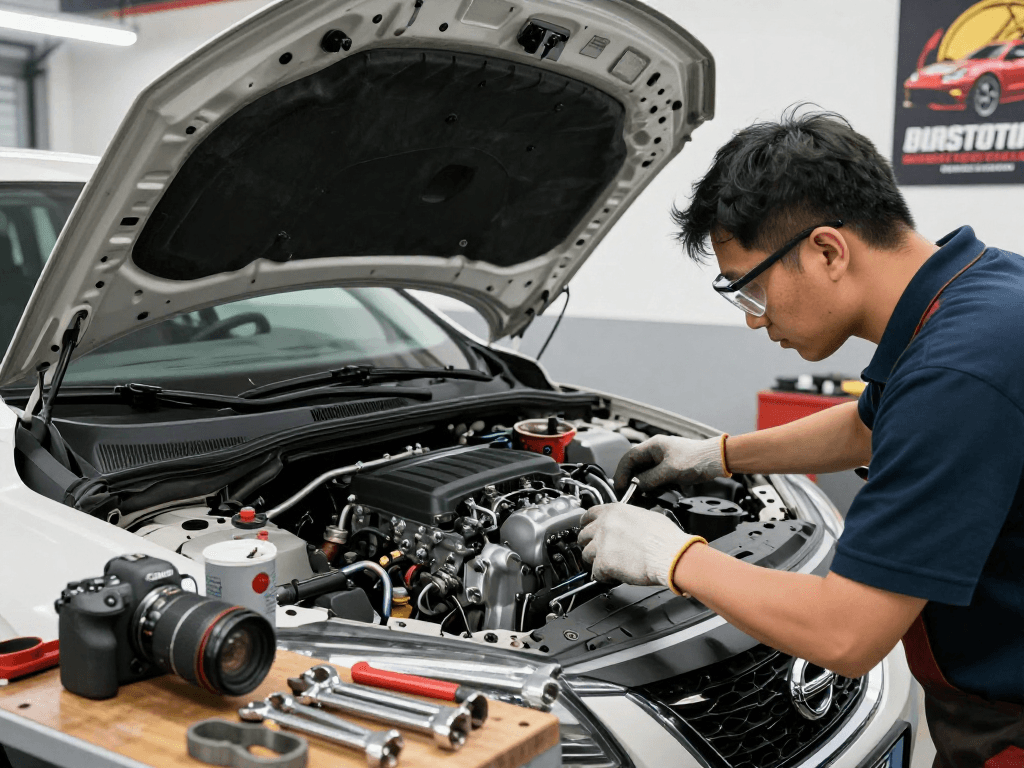 Nissan engine for sale being inspected by a mechanic in a bright garage with automotive tools.