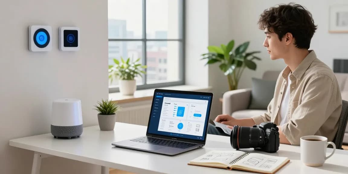 Modern workspace featuring best smart home gadgets 2026 with an open laptop, smart devices, and a city view.