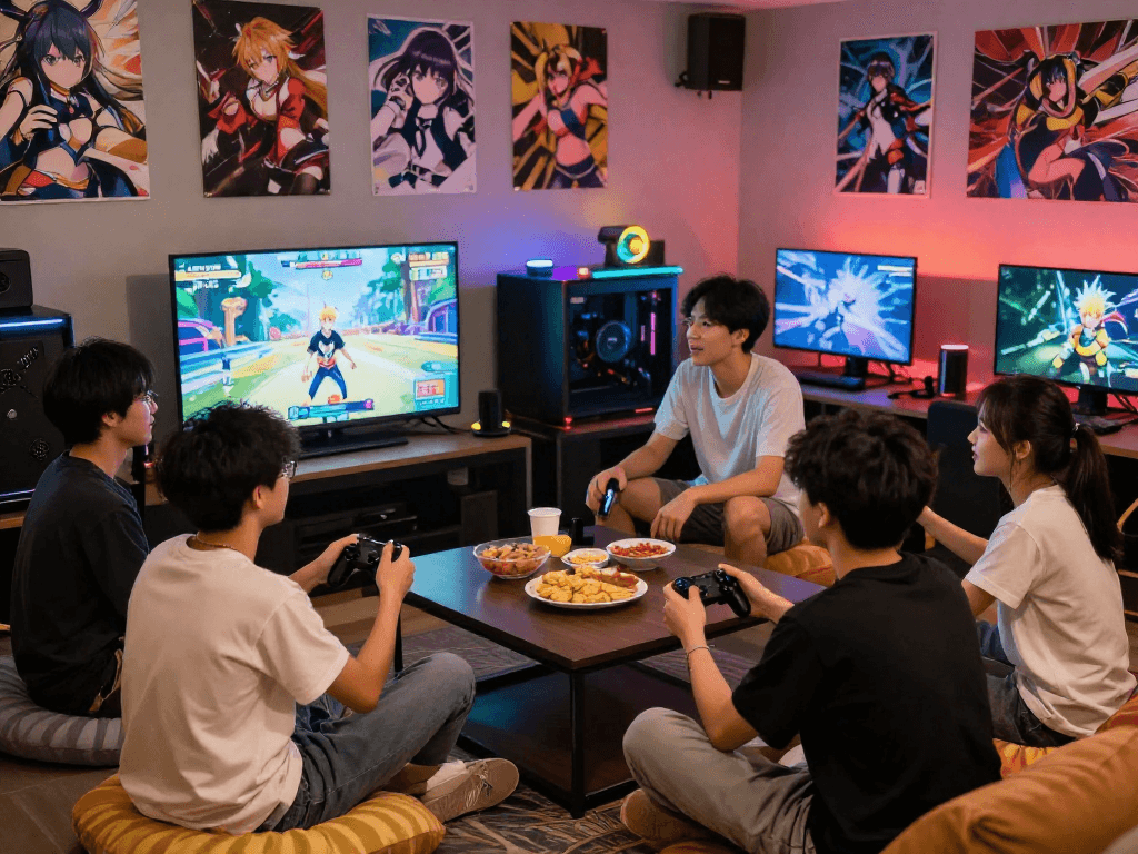 Exciting group of friends playing hentai games in a cozy gaming lounge