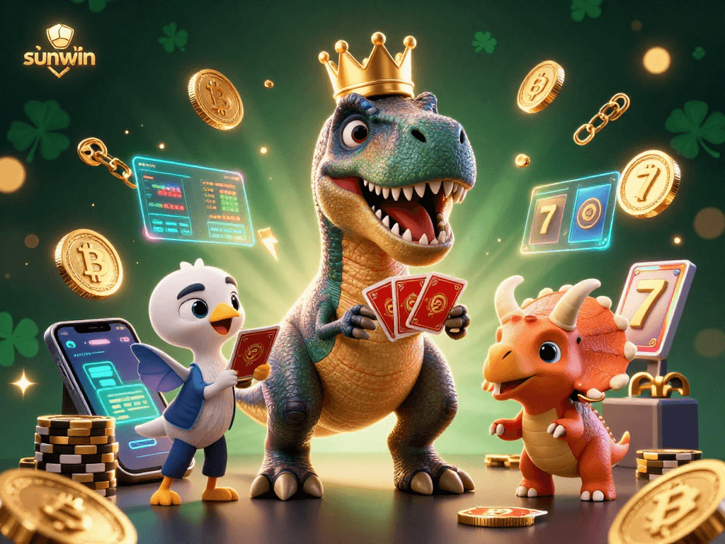 Engage with sunwin's dynamic 3D casino scene featuring fun dinosaur characters and cryptocurrency elements.