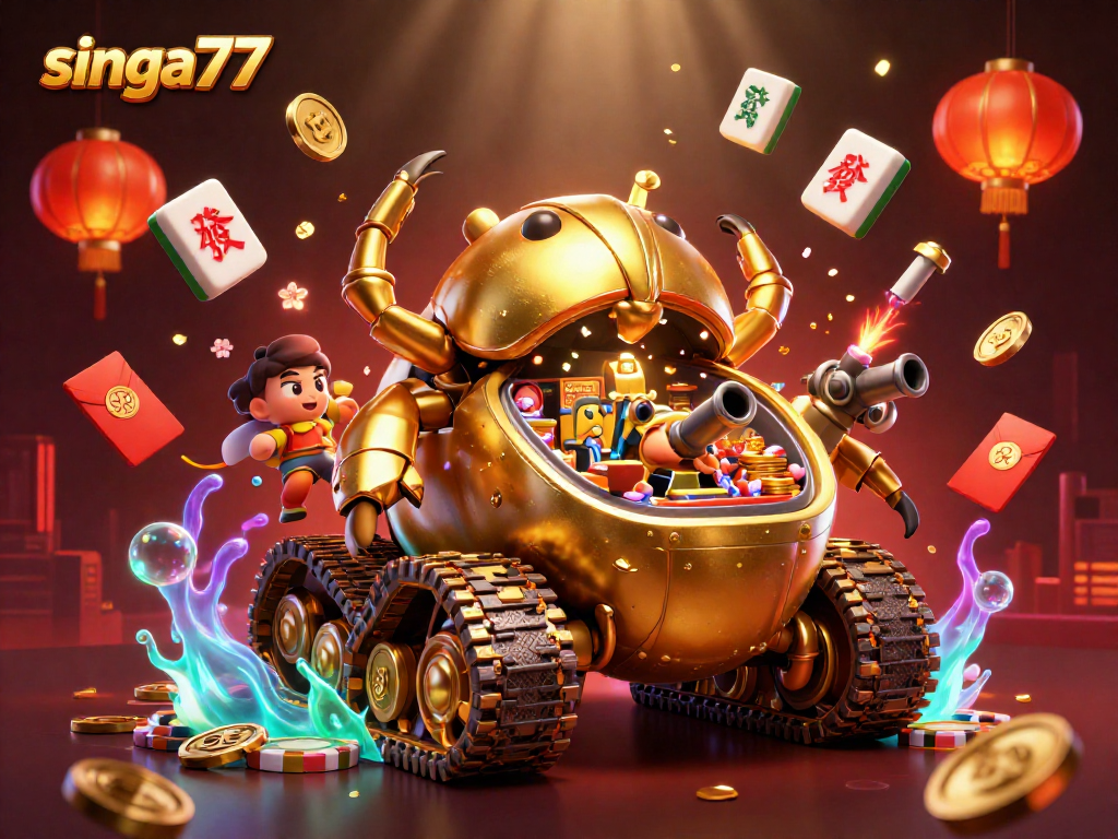 Singa77's imaginative casino world visualizes a golden beetle tank casino brimming with excitement.