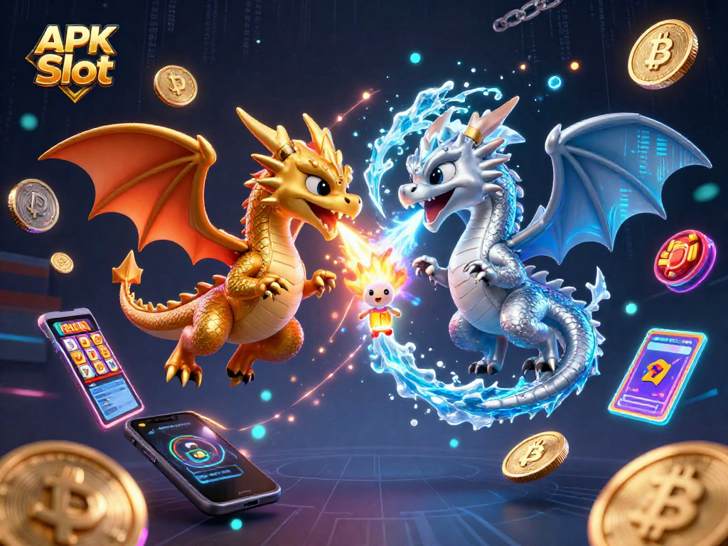 Experience the thrill of APK Slot with dynamic dragons, crypto coins, and vivid casino elements.