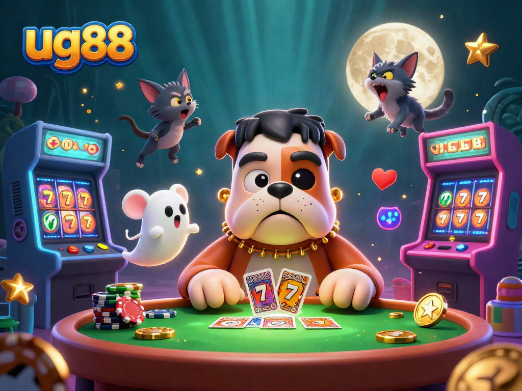 Engage in thrilling card games at ug88's spooky casino with lively characters and gold accents.
