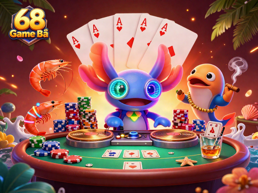 Engage with 68 Game Bài as neon axolotl DJ spins records at a vibrant underwater casino scene.