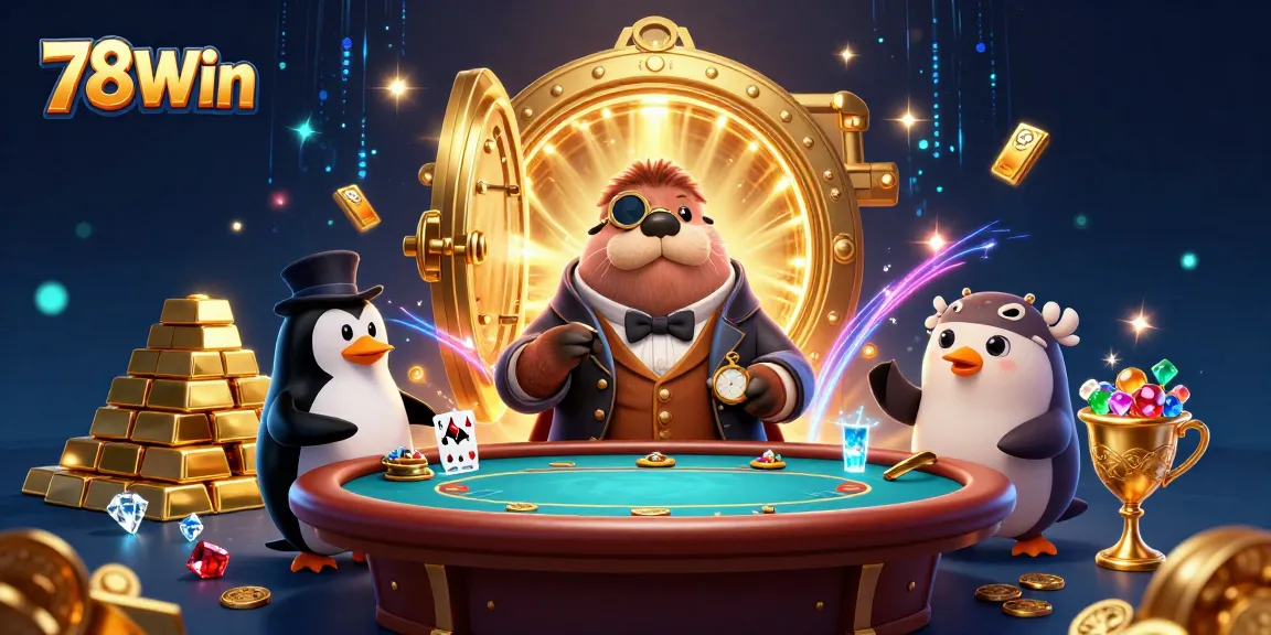 Bluffing with 78Win: Jolly walrus at poker table with dazzling casino treasures.