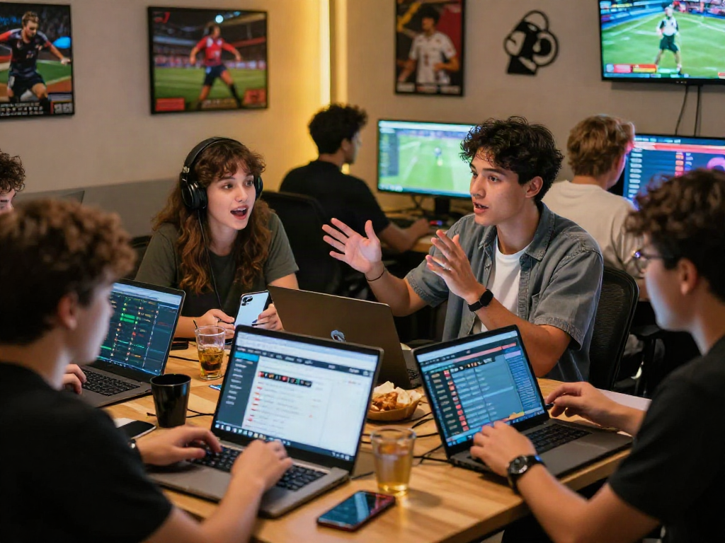 Community engaged in 토토사이트 검증 먹튀스팟 discussions with laptops and sports memorabilia in a lively setting