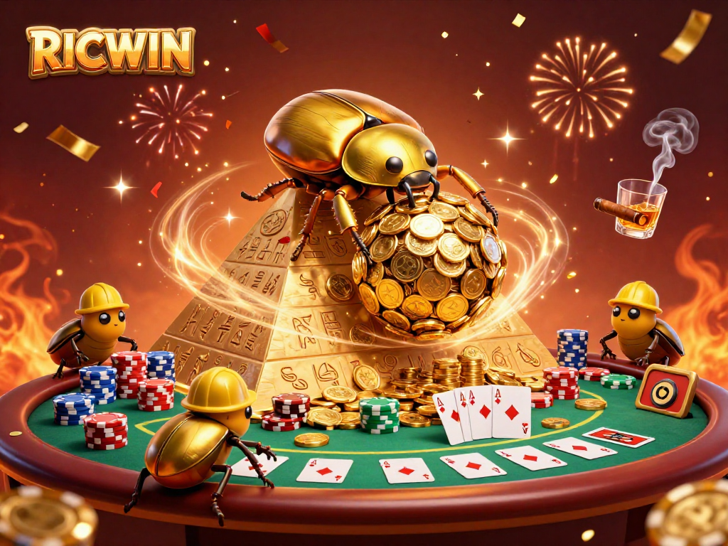 Win big with RICWIN in this whimsical 3D casino illustration, showcasing vibrant gambling themes.