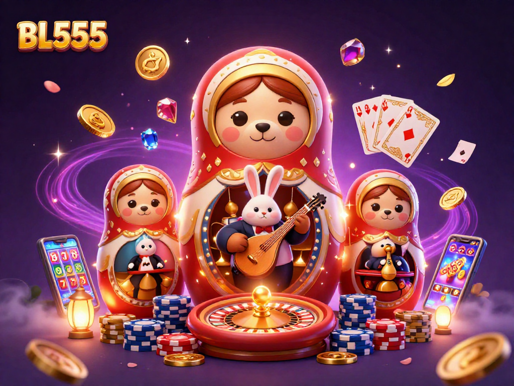 Experience exciting gameplay at BL555, featuring a vibrant 3D casino scene with golden coins and vibrant casino elements.