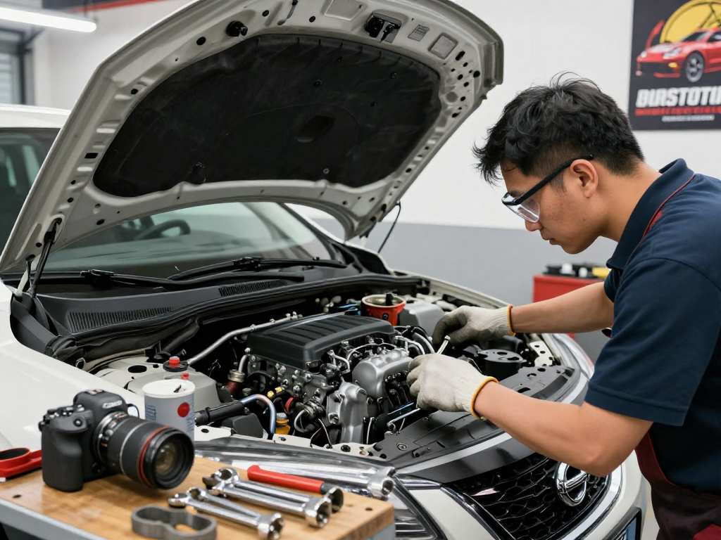 Nissan engine for sale being inspected by a mechanic in a bright garage with automotive tools.