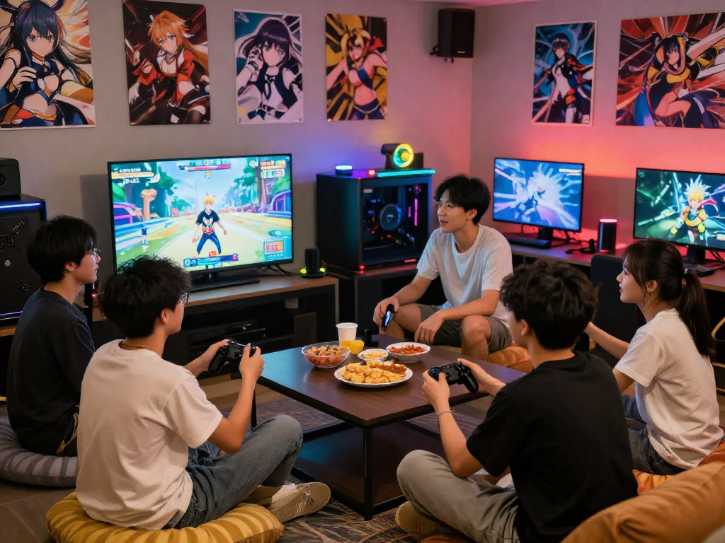 Exciting group of friends playing hentai games in a cozy gaming lounge