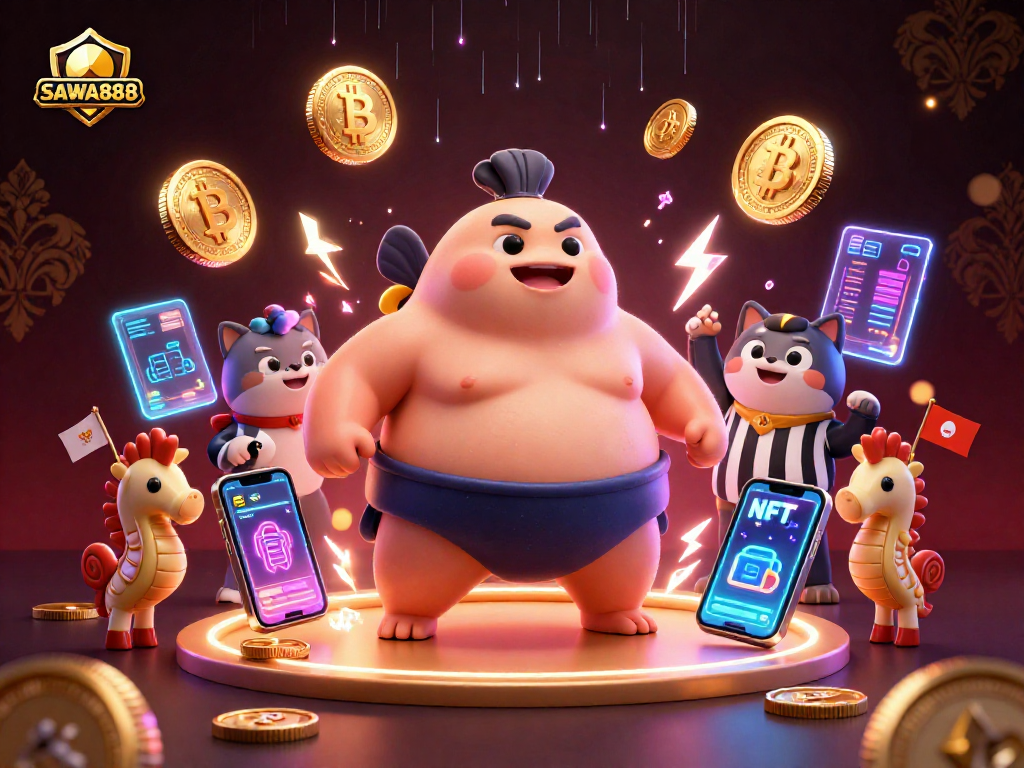 Boost your gaming experience with SAWA888's vibrant underwater casino art featuring fugu and crypto elements.