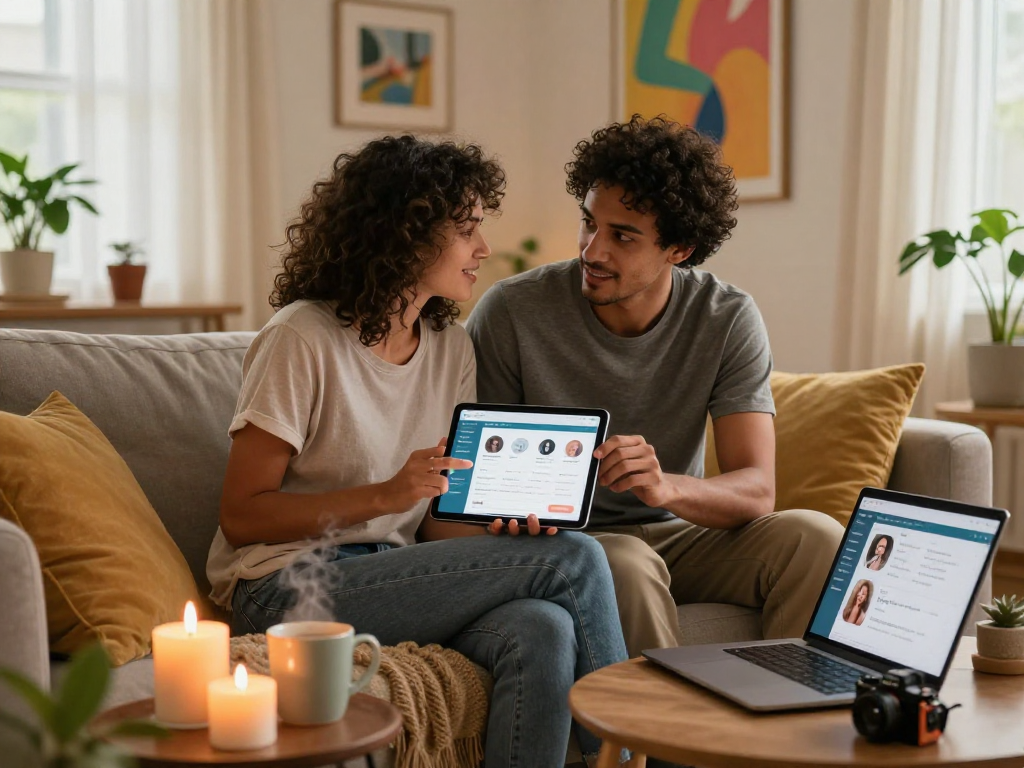 Couple exploring a sex AI application together, cozy home setting.