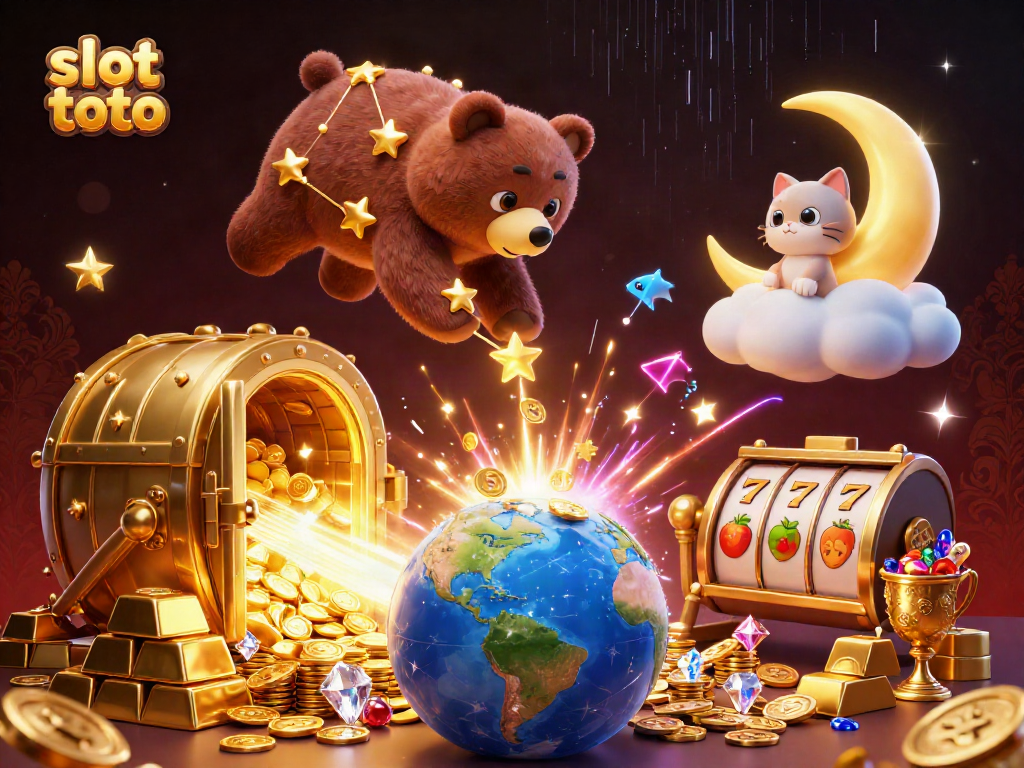 Spin slot toto reels and scoop treasures with an enchanting bear amidst gold and jewels.