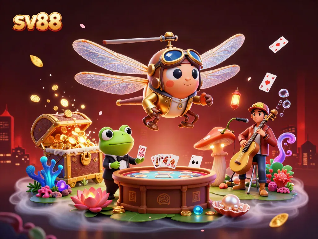Experience thrilling action at sv88 with a dragonfly pilot and frog croupier in a vibrant casino scene.