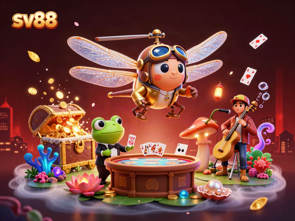 Experience thrilling action at sv88 with a dragonfly pilot and frog croupier in a vibrant casino scene.
