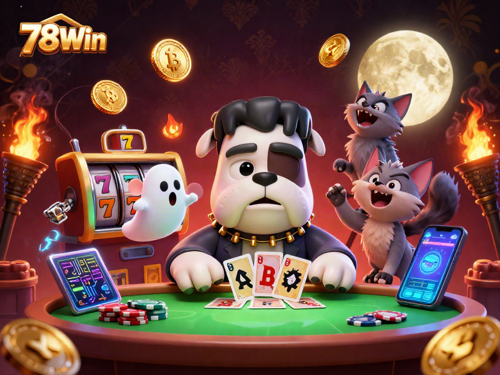 Experience 78Win with thrilling slot reels and vibrant characters in a spooky 3D casino scene.