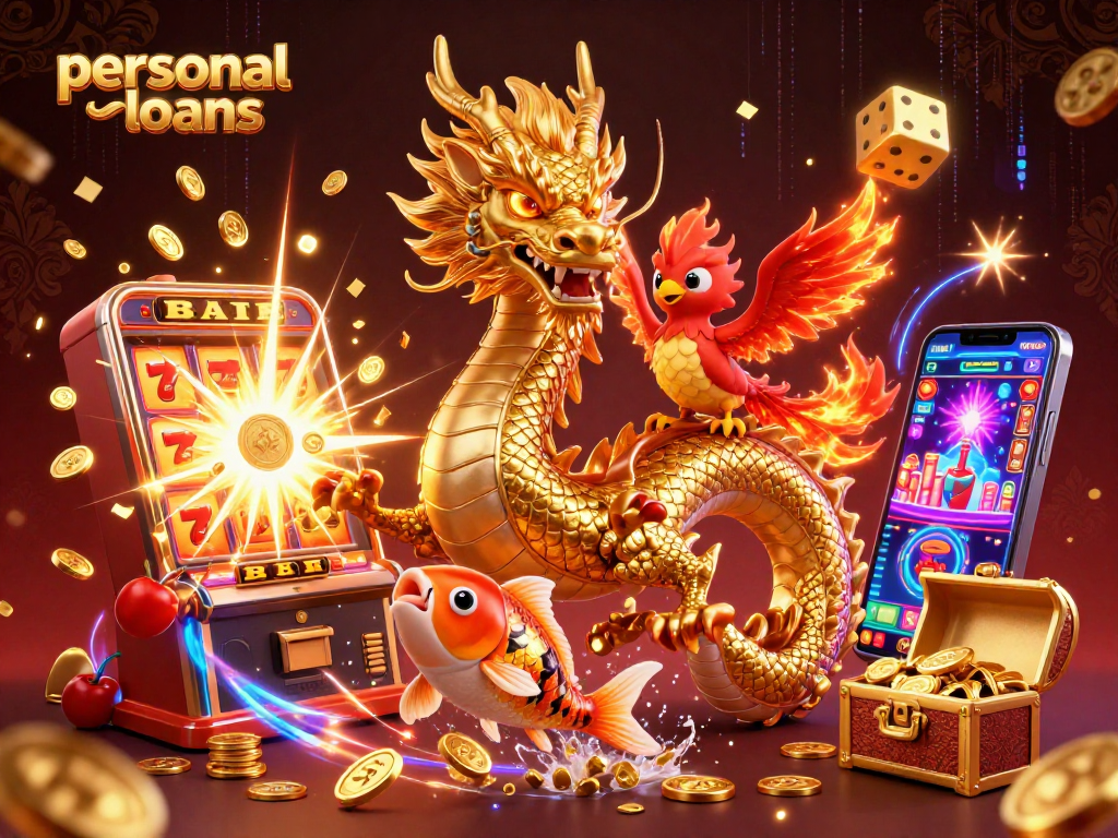 Engage with personal loans through a thrilling scene of mythical creatures, slots, and casino elements.