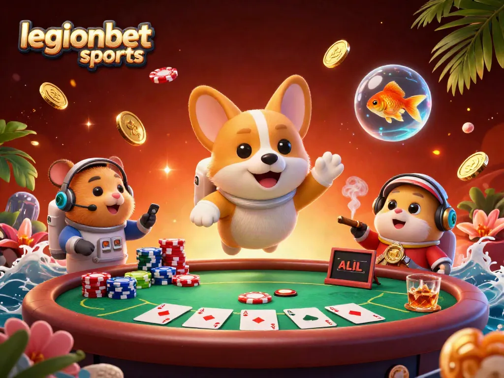 Experience the excitement of legionbet sports with floating poker chips, vibrant characters, and energetic scene.