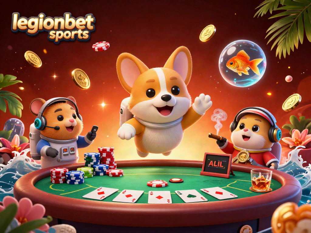 Experience the excitement of legionbet sports with floating poker chips, vibrant characters, and energetic scene.