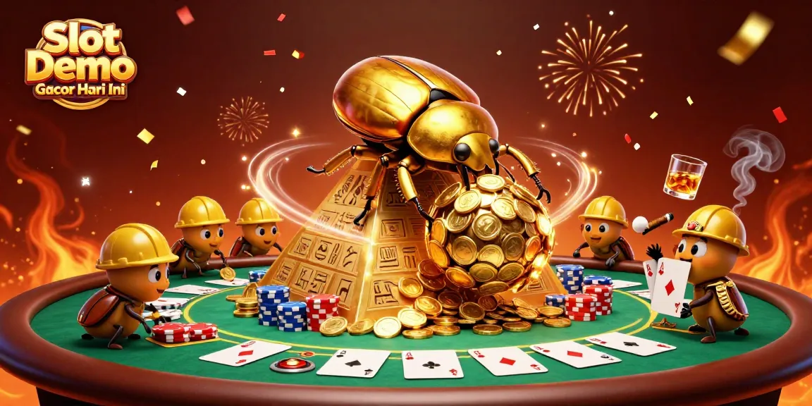 Engage with Slot Demo Gacor Hari Ini as golden beetles roll coins and celebrate around a vibrant casino scene.