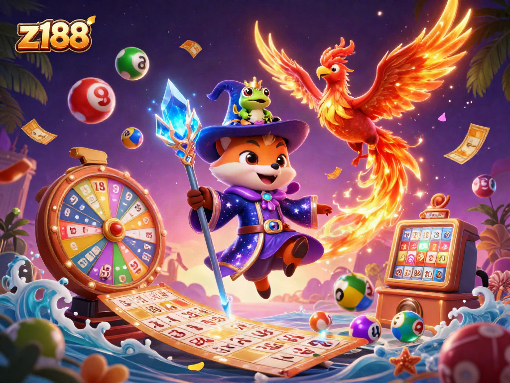 Experience excitement at z188 with a vibrant 3D illustration of a wizard fox and lottery elements.