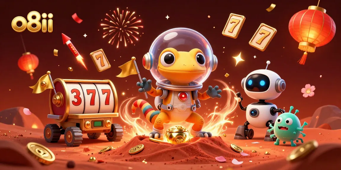 Experience the thrill of o8ii with a Martian gecko discovering a gold casino amidst vibrant celebrations.