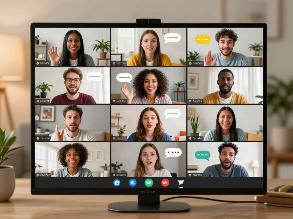 Individuals engaging in vibrant sexchat conversations via video calls, showcasing diverse expressions in cozy home settings.