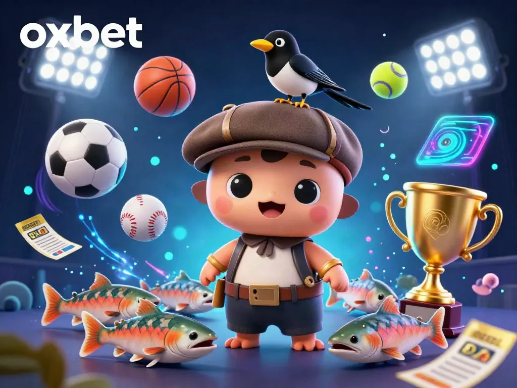 Experience the lively world of oxbet with a 3D cartoon scene of Nessie and sports elements.