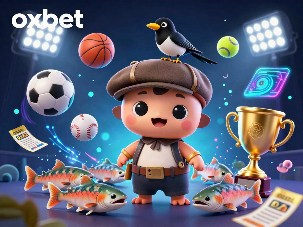 Experience the lively world of oxbet with a 3D cartoon scene of Nessie and sports elements.