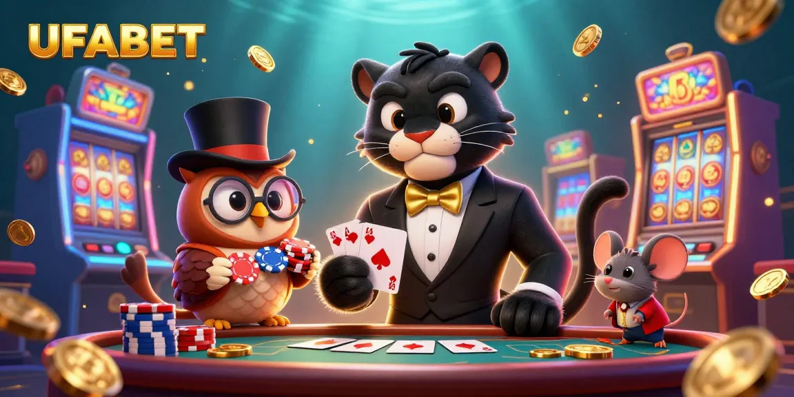UFABET showcases a vibrant casino scene where a stylish panther deals cards surrounded by engaging gambling elements.