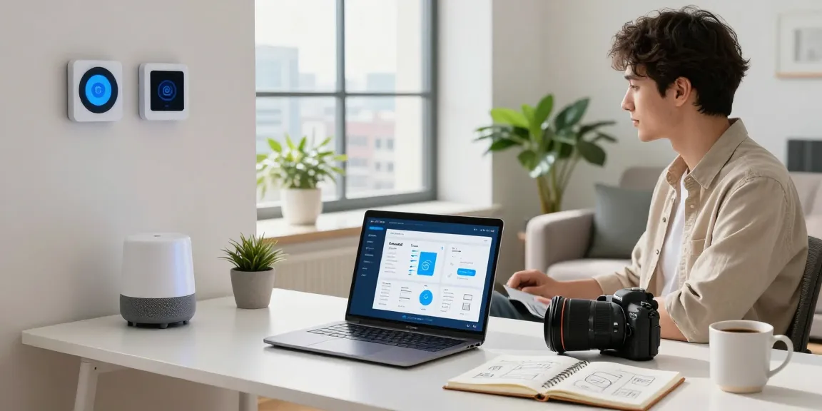 Modern workspace featuring best smart home gadgets 2026 with an open laptop, smart devices, and a city view.
