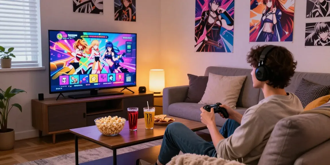 Player enjoying a free ecchi game on the couch surrounded by snacks and drinks.