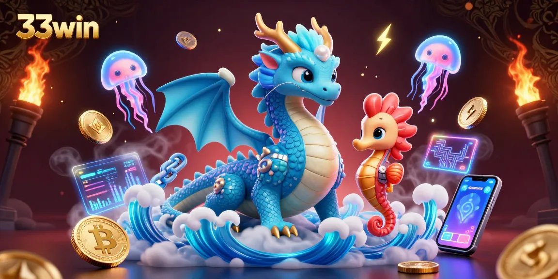 Engage in thrilling adventures at 33win with a glowing water dragon and vibrant casino elements.
