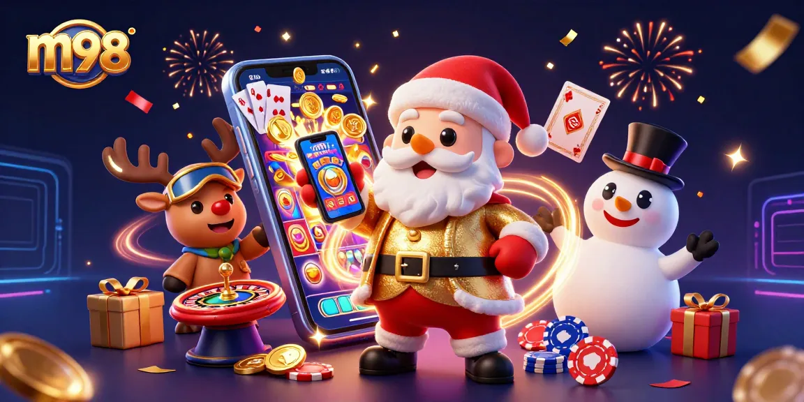 Join the festive fun at m98's online casino with cartoon characters celebrating jackpot wins.