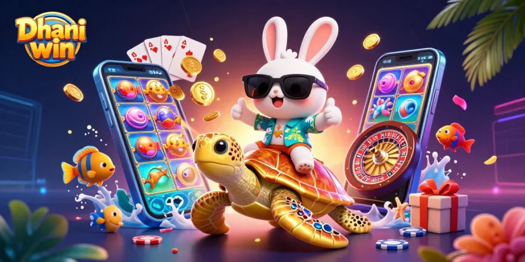 Play exciting casino games on Dhani win with our colorful 3D themed illustration featuring engaging elements.