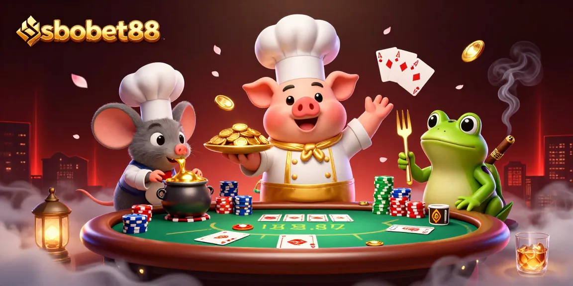 Engage with sbobet88's vibrant casino action featuring 3D chef pig and colorful poker elements.
