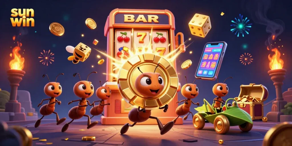 Experience the sun win thrill with cartoon ants heisting a giant poker chip surrounded by jackpots and gold.
