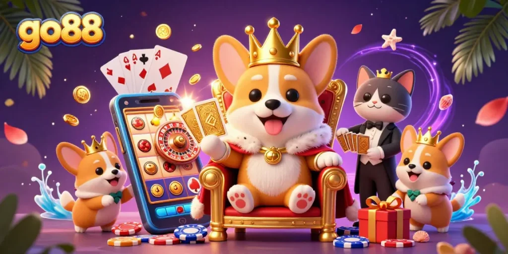 Enjoy exciting moments at go88 with adorable royal corgis and vibrant casino elements.