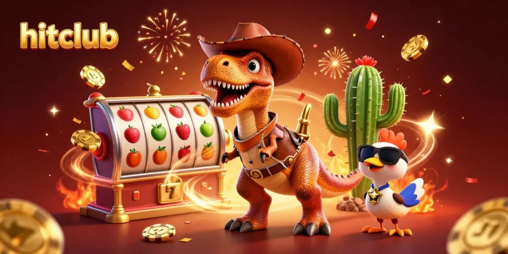 Experience hitclub's thrilling casino atmosphere with T-Rex and slot game elements in action.