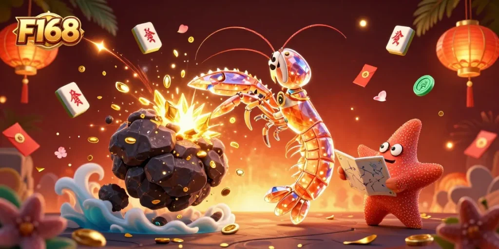 Engage with F168's spectacular casino world as a mantis shrimp explodes asteroids into gold!