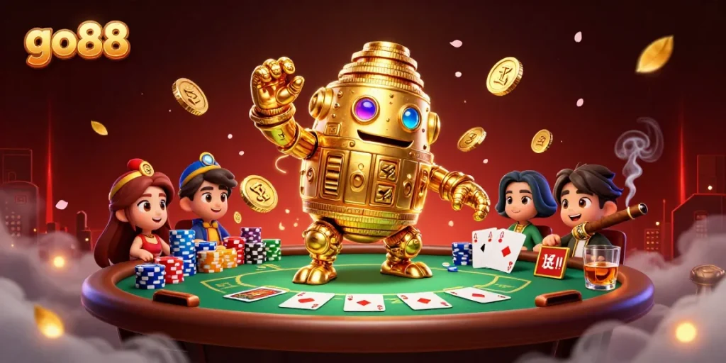 Engage in thrilling games at go88 with a dynamic golden golem surrounded by poker elements.