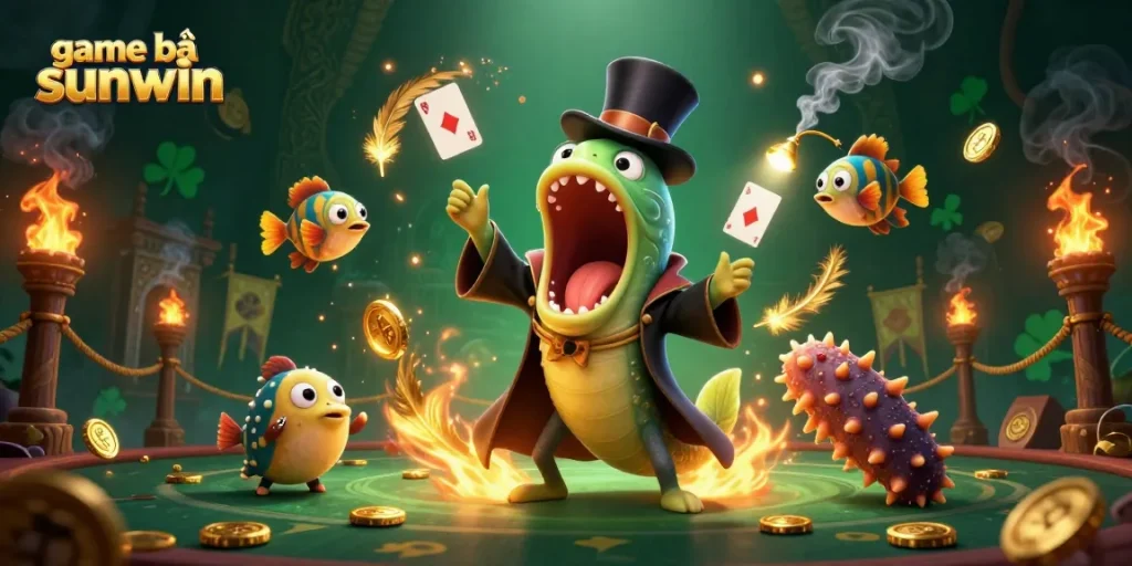 Experience thrilling moments in game bài sunwin with cartoon characters performing magic tricks and surrounded by dazzling casino elements.