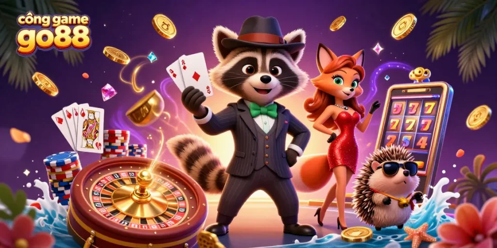 Experience the excitement of cổng game go88 with a suave raccoon, fox, and hedgehog in a vibrant casino setting.