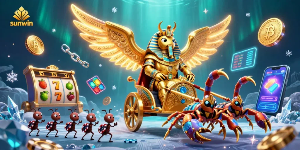 Experience thrilling games at Sunwin with a colossal golden scarab beetle in an interactive casino scene.